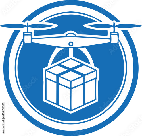 Future technology icon with blue and white color scheme in flat design featuring drone delivery vector graphics in minimalist style with clean lines and modern iconography