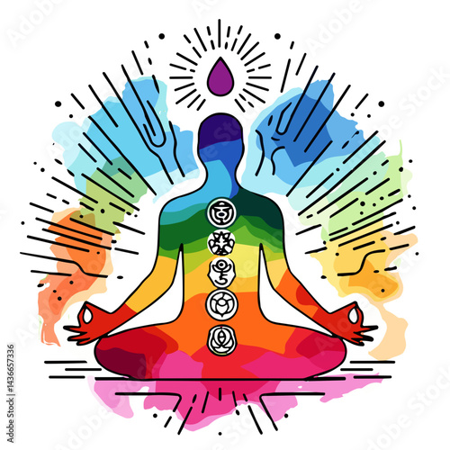 Colorful meditating silhouette representing chakras in a vibrant style  