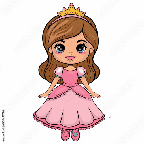 Adorable little princess in pink dress wearing a golden crown cartoon illustration kid fun girl cute child sweet happy