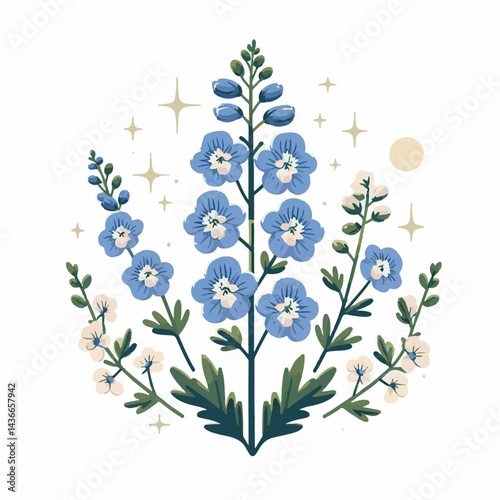 larkspur, flower, blossom, plant, floral, botanical, nature, isolated, illustration, drawing, hand drawn, marigold, graphic, garden, daffodil, vector, rose, art, design, set, summer, background, daisy
