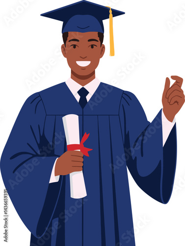 Male graduate wearing blue academic gown and cap holding diploma celebrating success in education vector illustration 