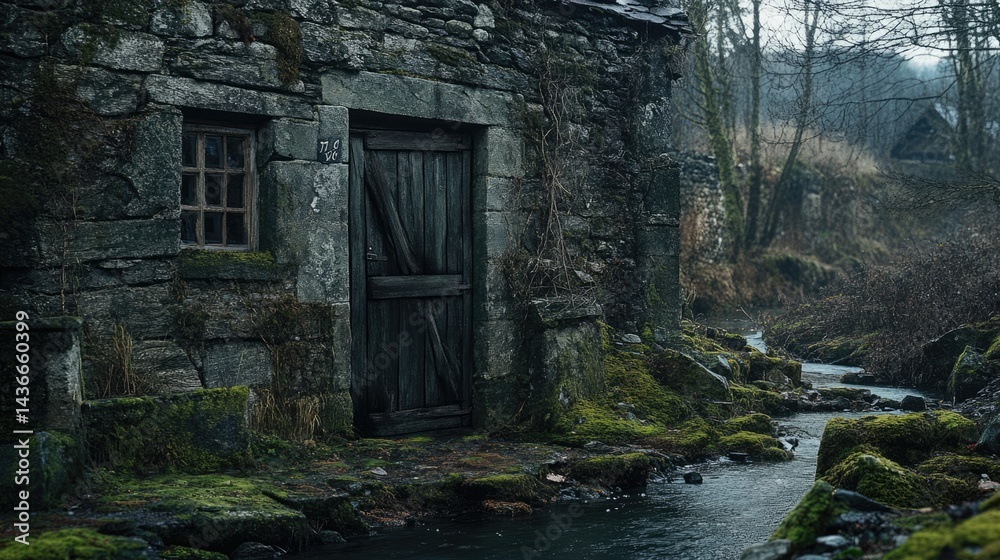 Ancient Stone Building by a Mossy Stream in the Woods Ancient Stone Building by a Mossy Stream in the Woods