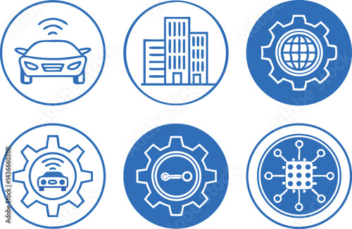 Future technology icons in blue and white with flat design flying car high tech city automation futuristic concepts and innovation symbols in minimalist vector graphics