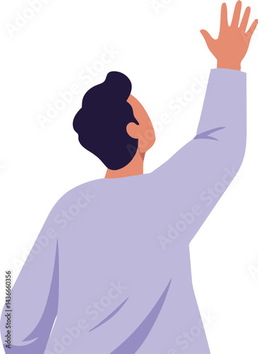 Man waving hand backward view vector illustration with purple shirt and dark hair in simple style 