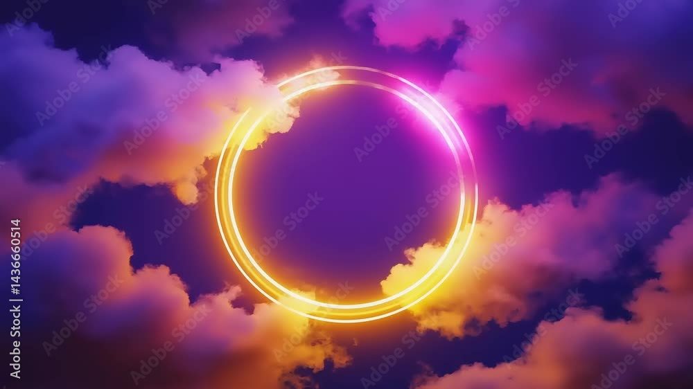 Glowing neon ring in vibrant, colorful clouds