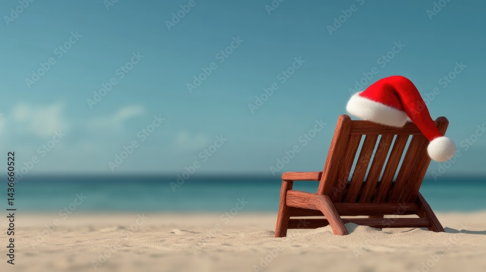 Lounge chair adorned with festive hat overlooks serene beach and Lounge chair adorned with festive hat overlooks serene beach and