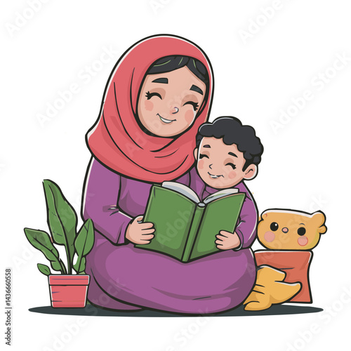 Happy muslim mother reading book to her son at home joy red kid cute love care child story