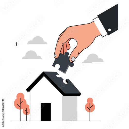 Hand placing puzzle piece into house illustration  