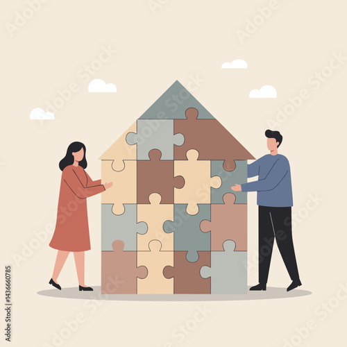 Two people building a puzzle house against a light background  