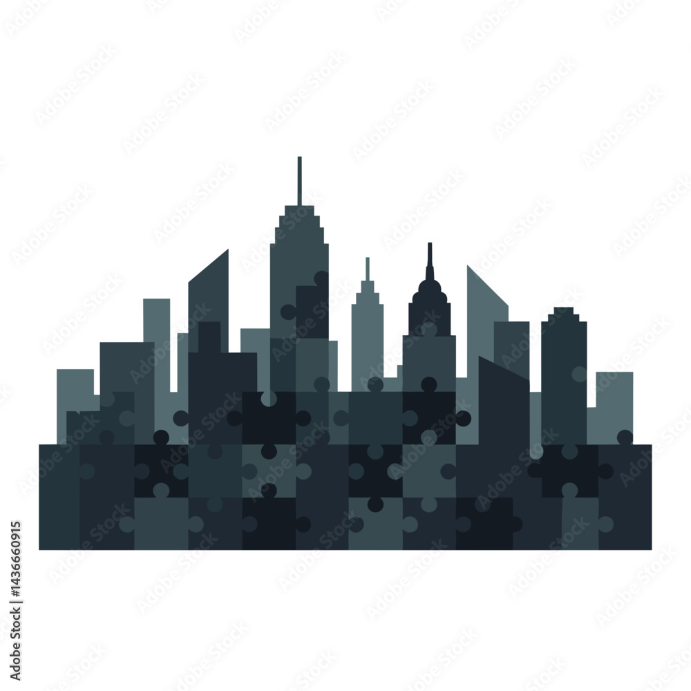 Naklejka premium Puzzle-themed city skyline illustration in dark colors