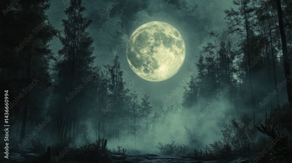 Full Moon Shining Over Misty Forest at Night with Tall Trees Full Moon Shining Over Misty Forest at Night with Tall Trees