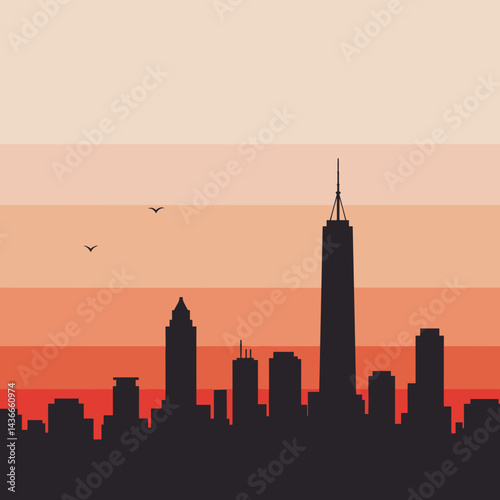 City skyline silhouette at sunset with warm gradient background  