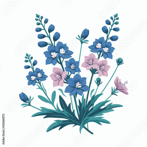 larkspur, flower, blossom, plant, floral, botanical, nature, isolated, illustration, drawing, hand drawn, marigold, graphic, garden, daffodil, vector, rose, art, design, set, summer, background, daisy