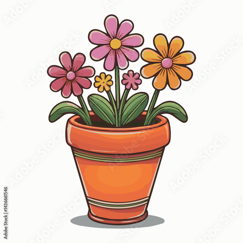 Colorful flowers in a decorative orange pot blooming brightly cute home plant happy image