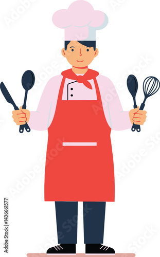 Chef wearing red apron holding kitchen utensils spoon and whisk cooking concept vector illustration 