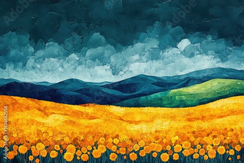 Golden field of flowers under a dramatic, teal sky with dark blue mountains in the background.