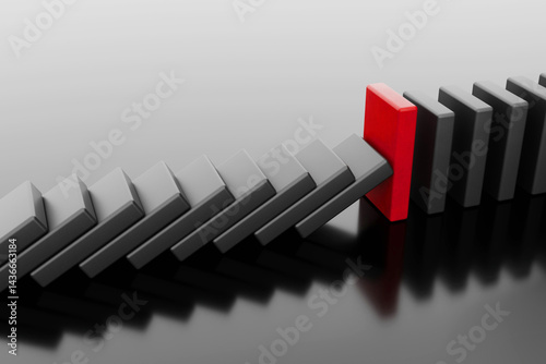 A strong domino stone that stops falling. Solution and strategy concept.