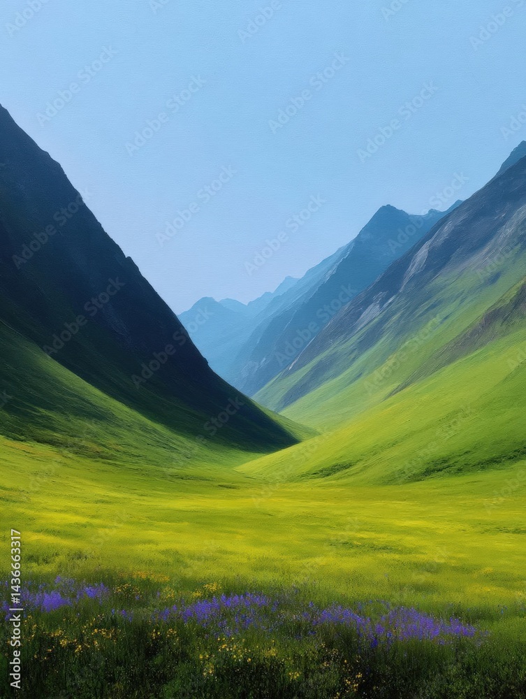 Fototapeta premium Landscape photograph of a beautiful mountain range. the mountains are covered in lush green grass and wildflowers, with a bright blue sky in the background.