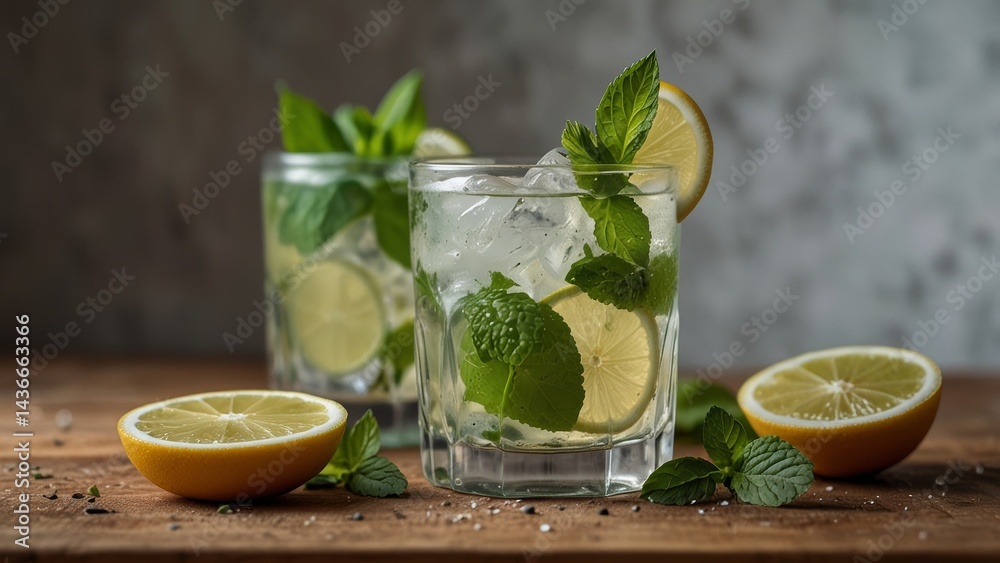 Fototapeta premium Lemon Mint Drink with Ice Cubes on Rustic Wooden Surface