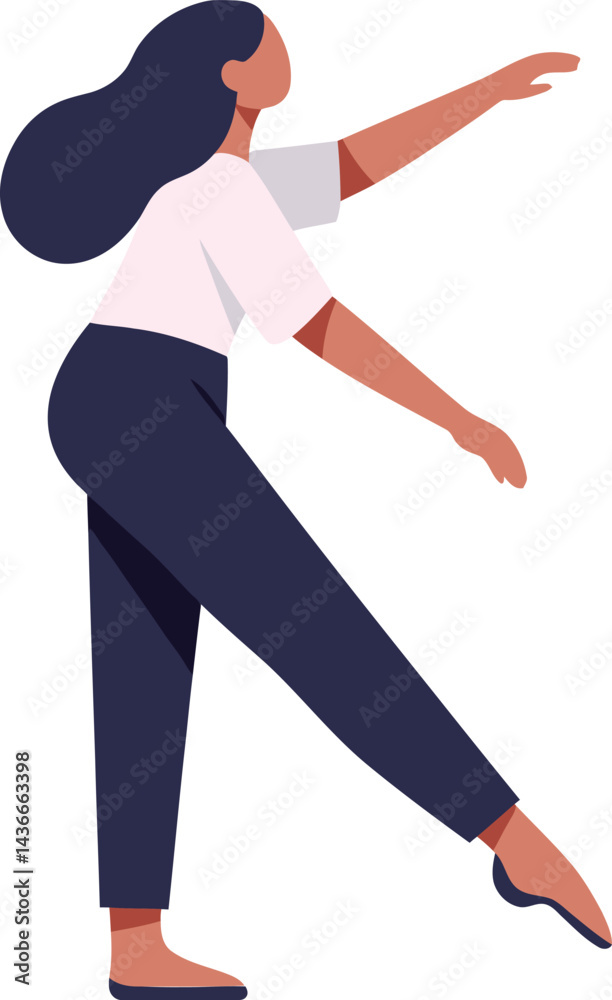 Fototapeta premium Woman dancing ballet pose with outstretched arms in flat vector style illustration 