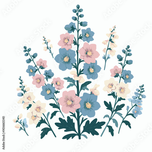 larkspur, flower, blossom, plant, floral, botanical, nature, isolated, illustration, drawing, hand drawn, marigold, graphic, garden, daffodil, vector, rose, art, design, set, summer, background, daisy