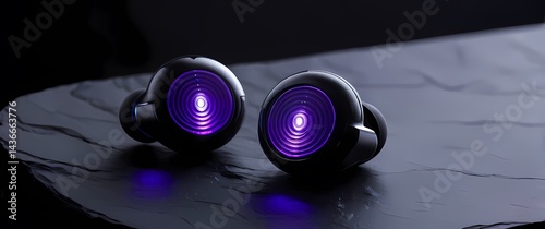 Wireless earbuds exhibited on black granite podium illuminated by soft light and dramatic purple highlights