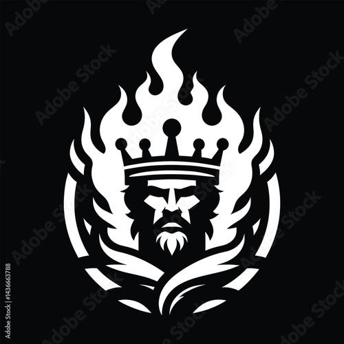 King Icon in Flames Bold Black and White Design