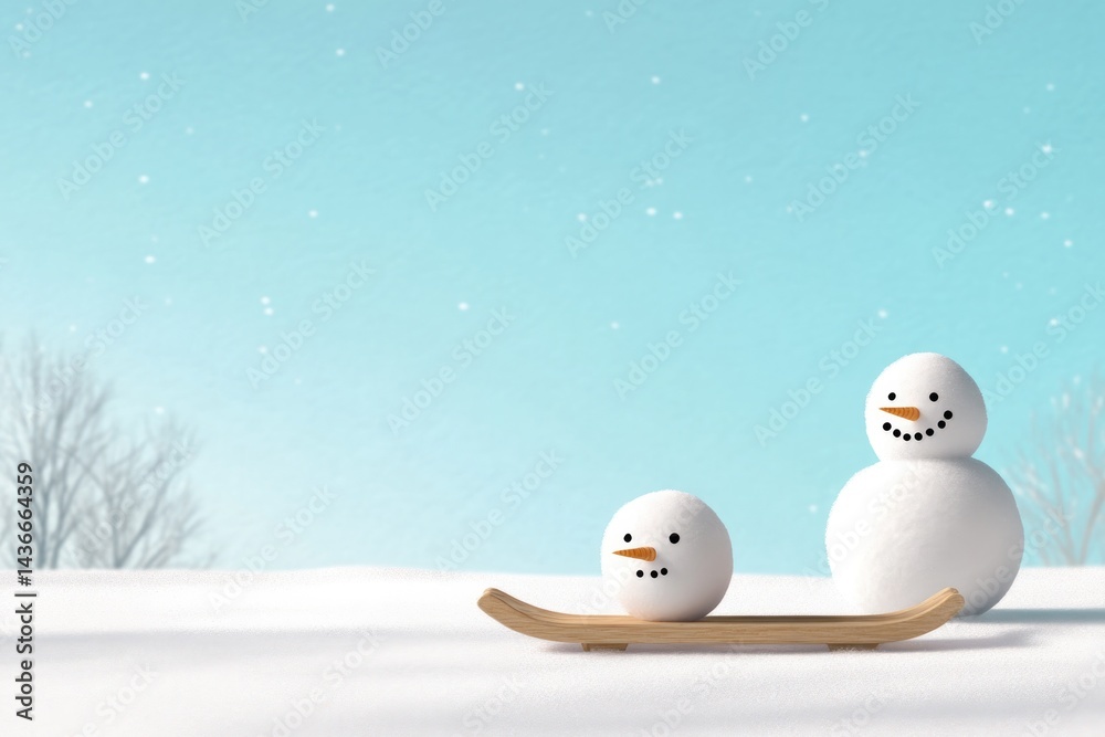 Obraz premium Cheerful snowmen enjoying snowy landscape on wooden sled, winter