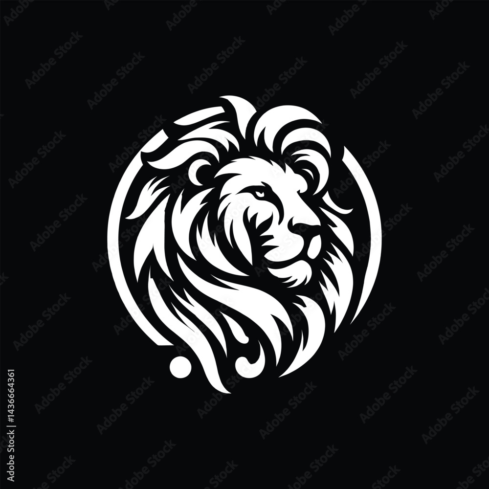Fototapeta premium Lion Head Vector Illustration in White on Black Background