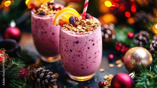 Festive berry smoothies garnished with granola and orange slices. photo
