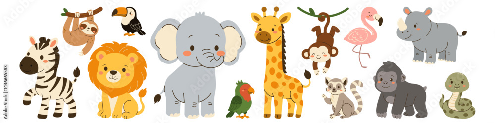 Obraz premium Flat style illustration of cute jungle animals including zebra, lion, elephant, giraffe, monkey, flamingo, rhinoceros, parrot, lemur, gorilla, sloth, toucan, and snake