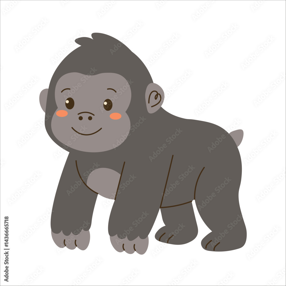 Naklejka premium Flat style illustration of a cute cartoon gorilla standing on all fours, ideal for childrens books, jungle-themed projects, and animal-related designs
