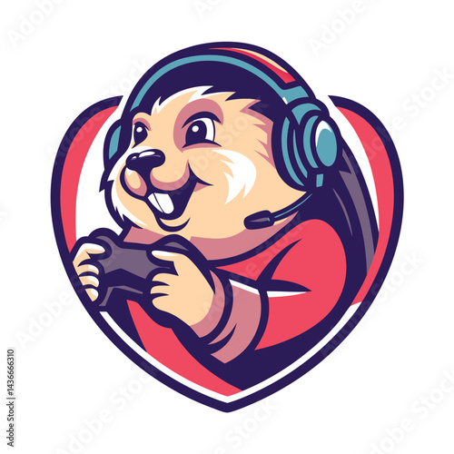 Cartoon rabbit character with headphones and joystick, playing video games