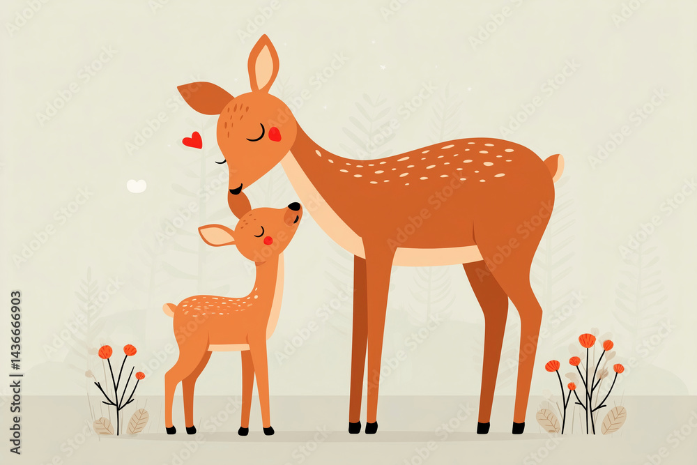 Obraz premium A Heartwarming Moment: Mother Deer and Fawn Sharing a Tender Embrace in the Forest Mother’s Day