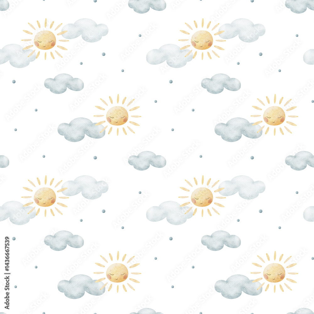 Pattern sun with a cute face in blue clouds. Watercolor illustration is hand drawn. Seamless print children's on the background for textile design fabric, packaging, wallpaper, clothes, birthday, card