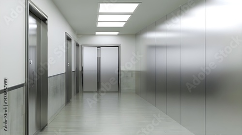 Modern Corridor with Elevators and Sleek Design Elements