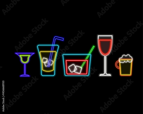 A glass of cocktail neon sign.Neon light bottle party vector. Cheers toast neon cocktail fashion sign night light signboard glowing.