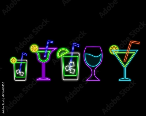 Cherry cocktail on neon sign. neon drinks.Neon icon of lemonade