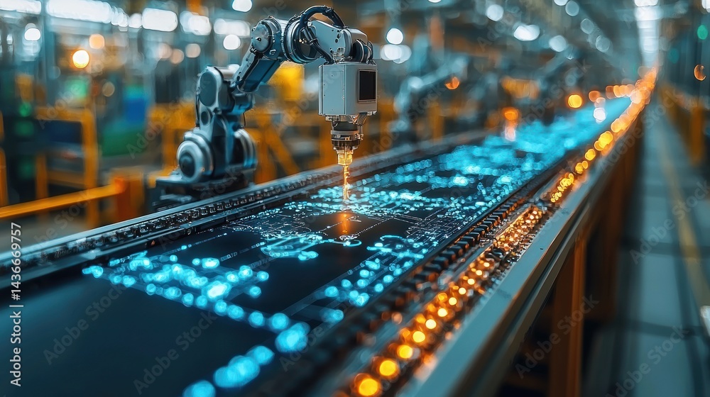 Robotic Arm Precisely Working on Circuit Board in Modern Factory Robotic Arm Precisely Working on Circuit Board in Modern Factory