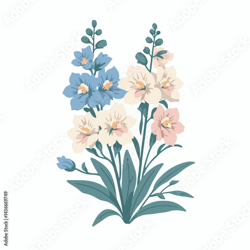 larkspur, flower, blossom, plant, floral, botanical, nature, isolated, illustration, drawing, hand drawn, marigold, graphic, garden, daffodil, vector, rose, art, design, set, summer, background, daisy