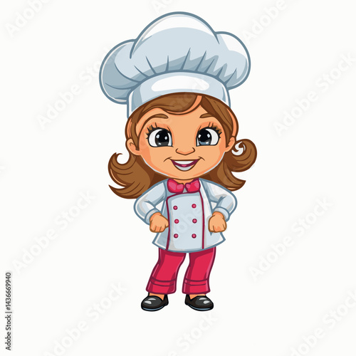 Adorable little girl chef cartoon character wearing white uniform kid red hat fun cute cook food