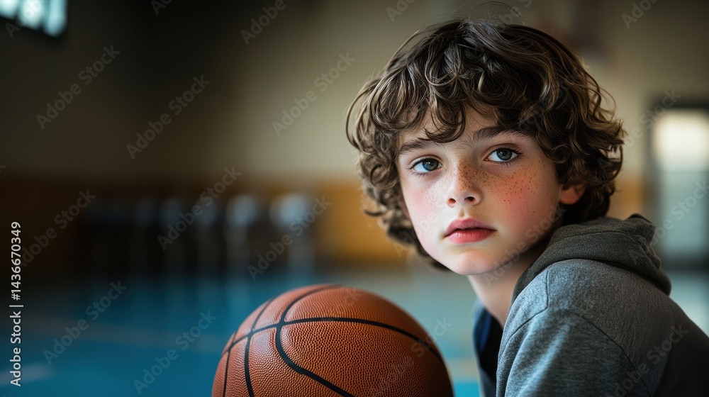 Young Basketball Player Boy in Indoor Court Holding a Ball