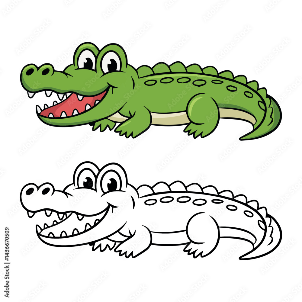 Obraz premium Happy cartoon crocodile illustration coloring page green reptile animal fun cute kids book tail child
