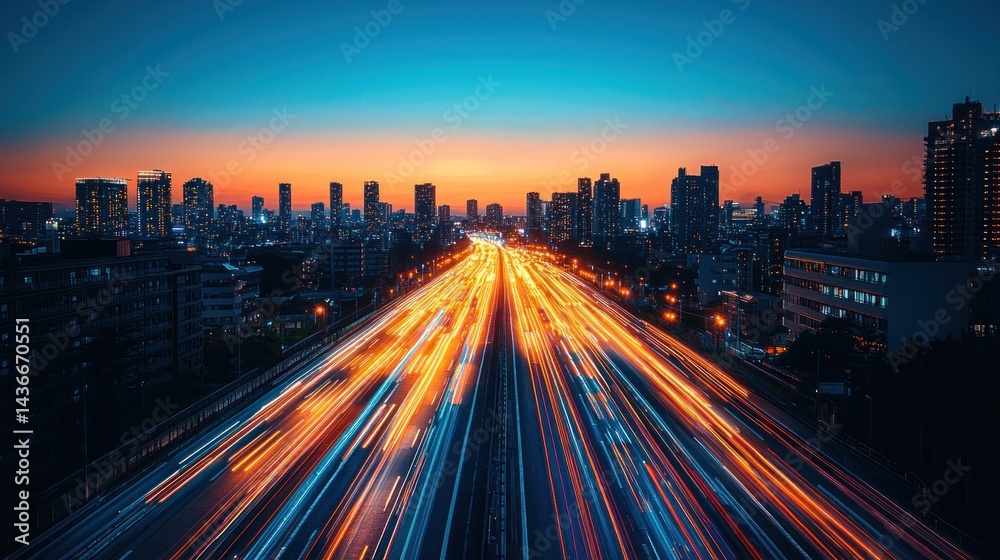Fototapeta premium City Skyline with Light Trails and Urban Traffic at Nightfall