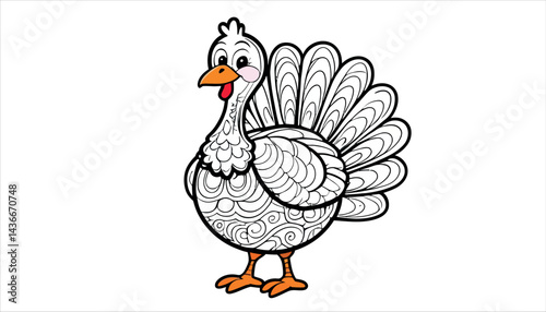A vector illustration shows a cartoon turkey, a domestic farm animal with white feathers and a beak, standing isolated