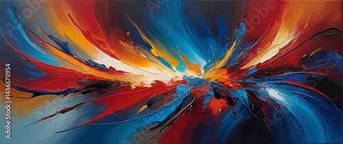 Vibrant abstract expressionism painting filled with energetic brush strokes dominated by warm reds and blues