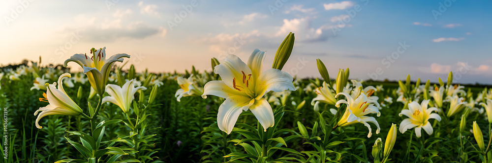Fototapeta premium White Lilies in a Field at Sunset