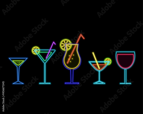 Cocktail sign collection with neon style.Neon icon of umbrella cocktail. Cherry cocktail on neon sign. neon drinks.