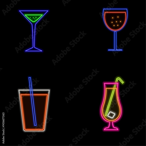 Cocktail. Round linear cocktail glass logo. Big set of glowing neon clinking wine, wheskey, champagne. Led light sign for pub signboard