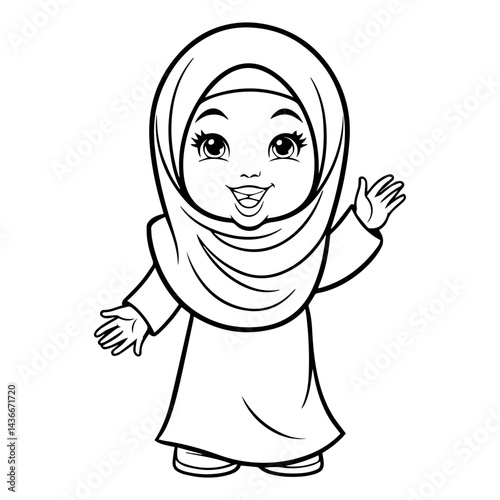 Happy muslim girl child wearing hijab smiling welcoming art kid joy line cute black white young faith